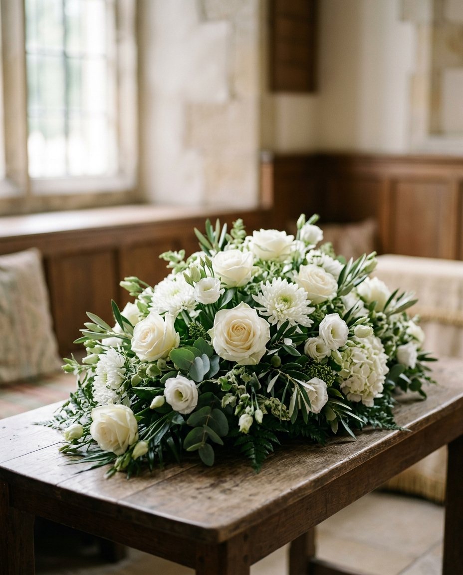 Sfeervol wit rouwwerk met rozen en chrysanten
