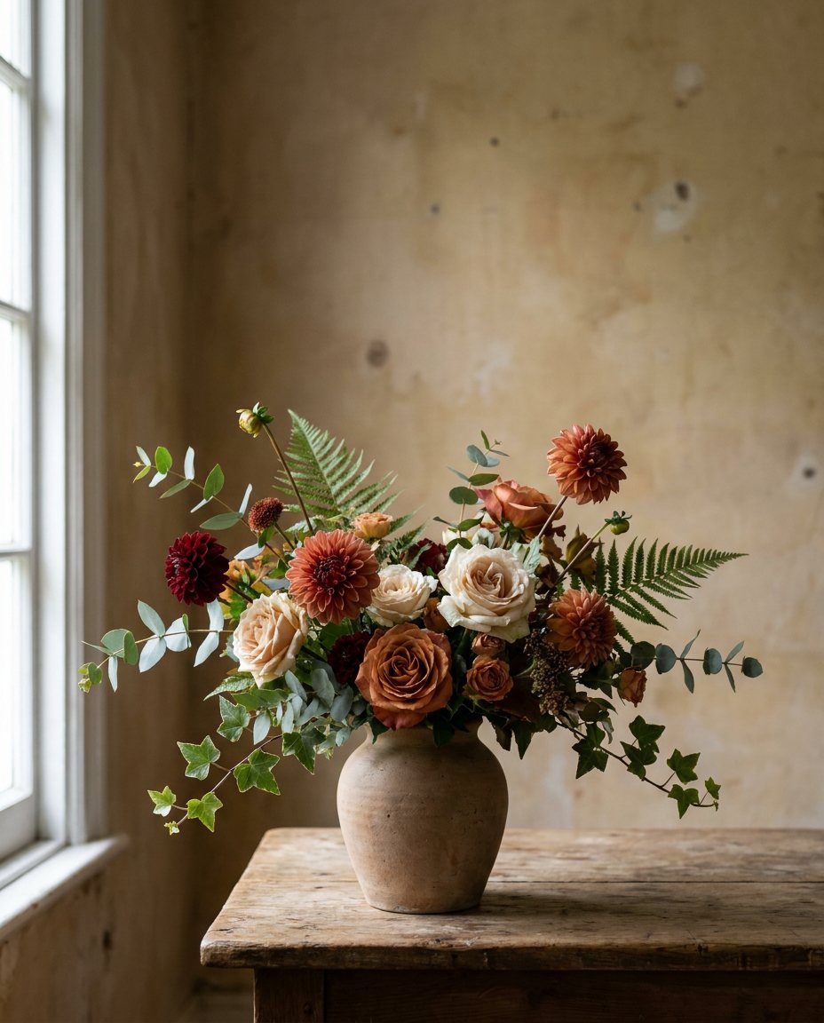 Seizoensarrangement in een terracotta vaas